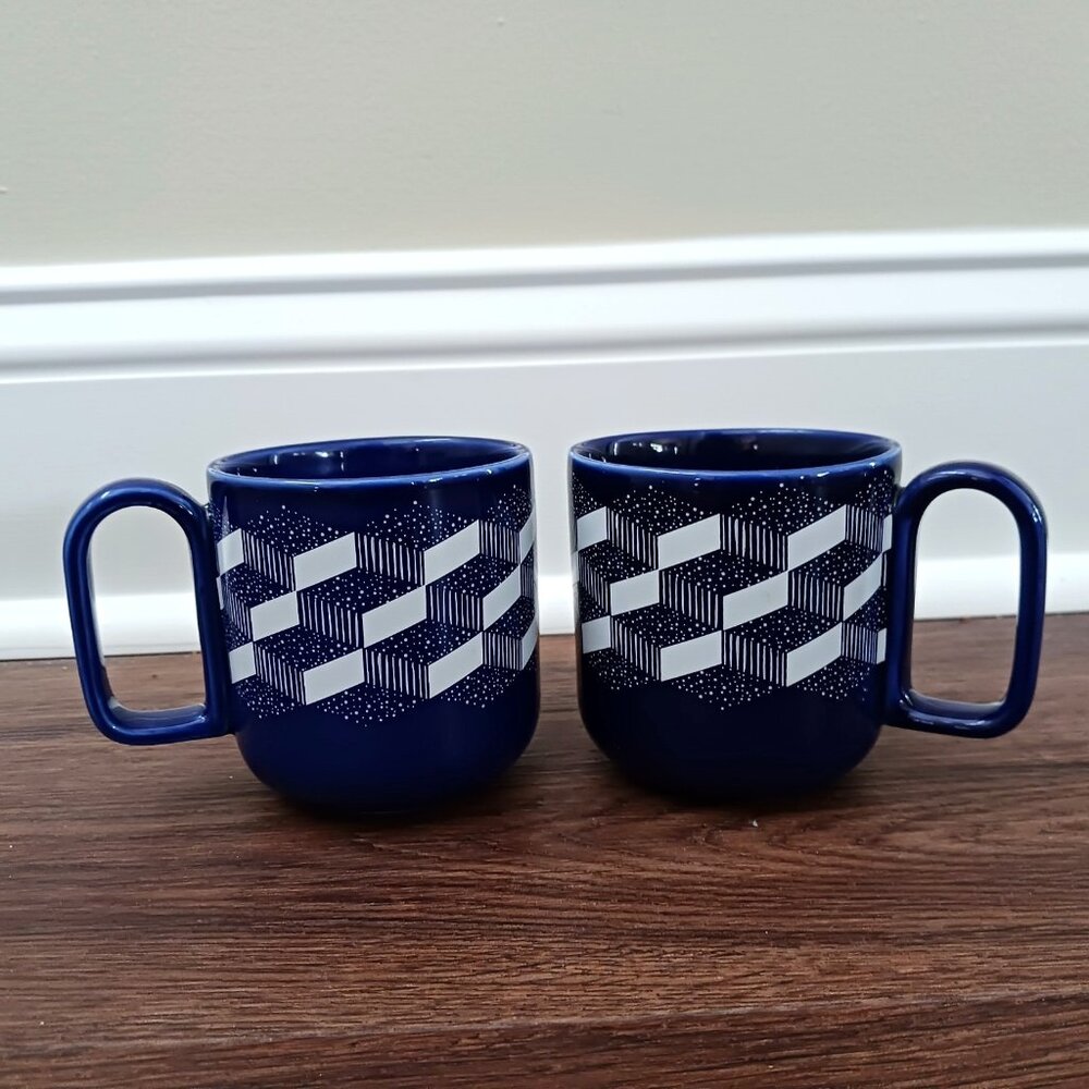 Set of 2 Teavana Starbucks Tea Mug Cups 2016 Blue & White Block Design 8‎ Oz